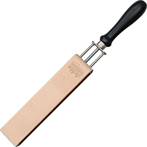 Herold Solingen HS56J-BRK razor strop front view showing leather side and wooden handle for premium blade sharpening.
