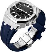 BMT waterproof silicone replacement strap with stainless steel buckle close up view.