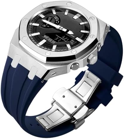 BMT waterproof silicone replacement strap with stainless steel buckle close up view.