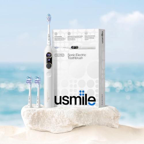 Usmile Y10 PRO sonic toothbrush handle close up highlighting the digital interface and power button.