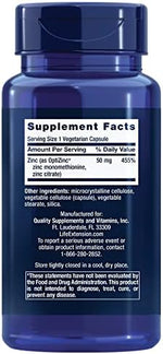 Life Extension ultra absorbable immune support zinc capsules supplement facts label