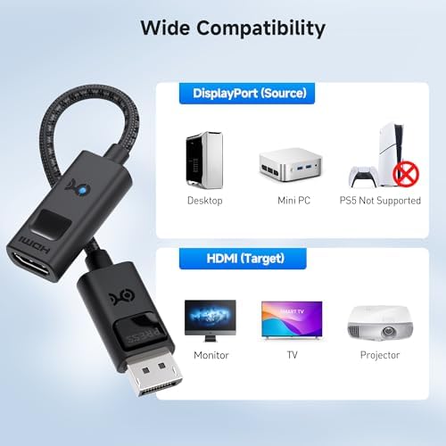 Cable Matters DisplayPort male to HDMI female adapter angled to display the internal copper shielding layout and durable architecture.