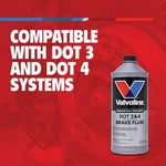 Valvoline automotive hydraulic brake fluid showing secure cap seal and low-moisture formulation benefits.