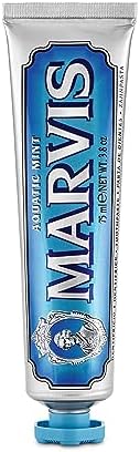 Side view of Marvis Aquatic Mint eighty five milliliter tube showing fresh breath formula