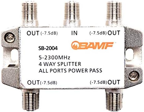 Close-up of the 5-2300MHz frequency rating on the COMICA 4-way splitter