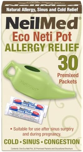 Eco friendly sustainable neti pot device showing the ergonomic spout design for gravity driven sinus relief.