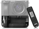 Meike mirrorless camera battery grip showing gold-plated electronic connection pins and secure locking wheel mount