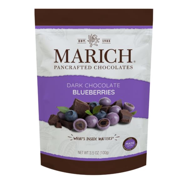 Marich Pancrafted Chocolates Dark Chocolate Blueberries, Premium Gourmet Snack, 3.5 Ounce Pouch