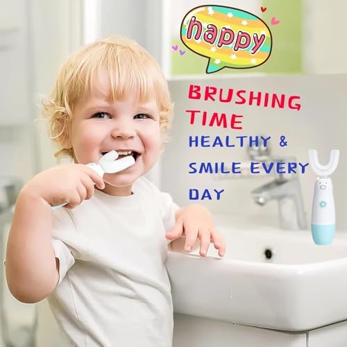 Meqtpomy battery powered kids toothbrush with the two included replacement brush head pieces.