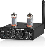 Douk Audio P6 MINI stereo preamplifier back panel displaying RCA input and output ports.