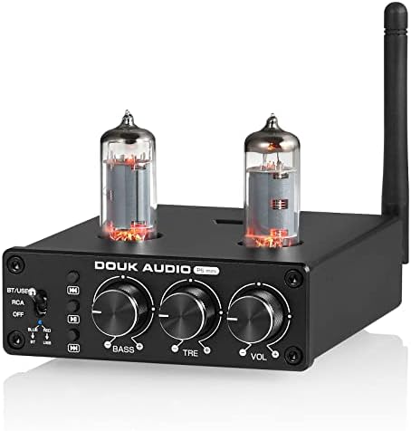 Douk Audio P6 MINI stereo preamplifier back panel displaying RCA input and output ports.