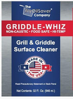 Non-toxic high-heat flat top grill cleaner liquid poured on a hot griddle surface.