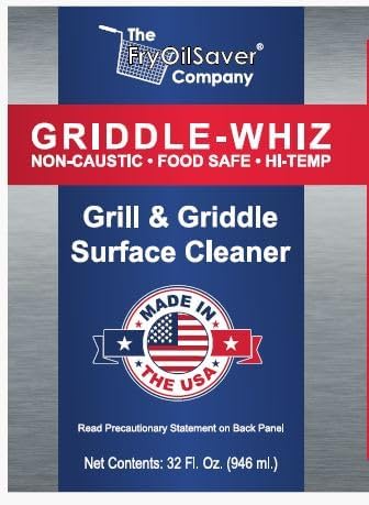 Non-toxic high-heat flat top grill cleaner liquid poured on a hot griddle surface.