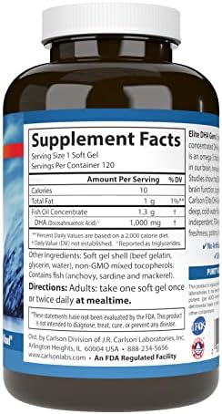 Carlson Elite DHA Gems 60 Softgels nutritional facts and ingredients label detailing 1000mg DHA concentration