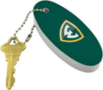 Wayne State University boat buoy key float angled view highlighting the green and gold shield logo.