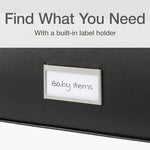 Close up of metal label holder on Oxford storage box