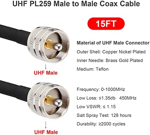 Close up view of the nickel plated copper UHF male PL259 connector with adhesive lined heat shrink waterproof tubing.