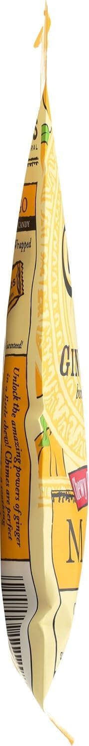 Chimes Ginger Chews Mango flavor individual unwrapped candy pieces displayed neatly