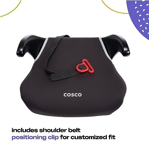 Cosco Kids Rise forward facing booster seat highlighting the wide base and black plastic armrests for easy self buckling