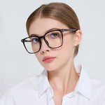 Premium MACJERO black and white tortoiseshell computer glasses laid flat to show the extra large square frame dimensions