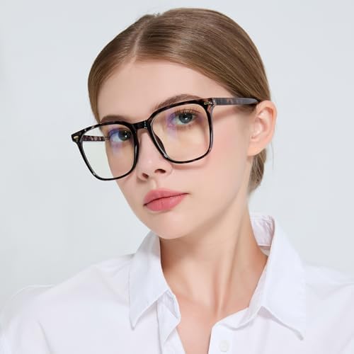 Premium MACJERO black and white tortoiseshell computer glasses laid flat to show the extra large square frame dimensions