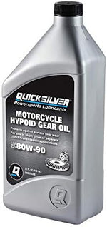 Back label specifications of Quicksilver motorcycle final drive oil highlighting API GL-5 certification