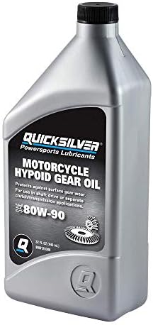 Back label specifications of Quicksilver motorcycle final drive oil highlighting API GL-5 certification