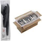 Houzzkingz USA 100 Pack Plastic Cutlery Packets front view showing individually wrapped black utensils.