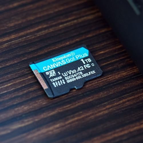 Close up view of the golden contact pins on the reverse side of the Kingston 128GB microSDXC card.