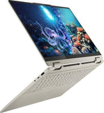 Lenovo Yoga 7 convertible laptop folded into tent mode for creative presentations and media consumption.