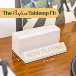 Solid pine wood tabletop album display shelf next to a record player
