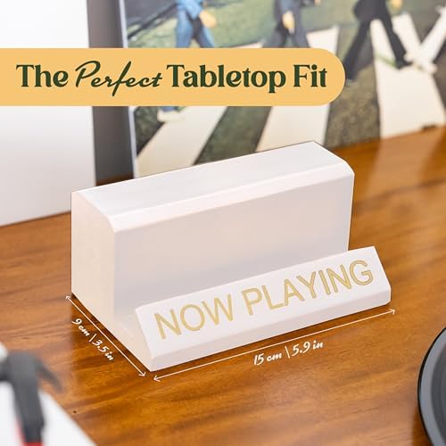 Solid pine wood tabletop album display shelf next to a record player
