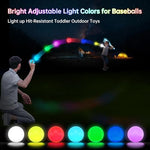 Seven adjustable LED color options displayed on the baseball toy
