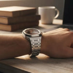 Close up of the adjustable integrated metal bracelet links on luxury mod kit