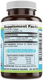 Antioxidant protection beta carotene 100 count capsule bottle layout.