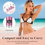 Compact cordless travel shaver for women displayed next to its USB charging cable