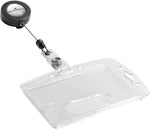 Durable ID badge holders front view with clear acrylic shell and retractable reel.