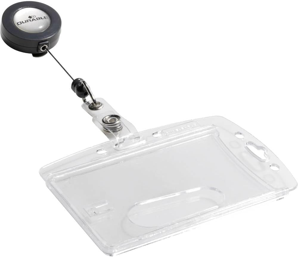 Durable ID badge holders front view with clear acrylic shell and retractable reel.