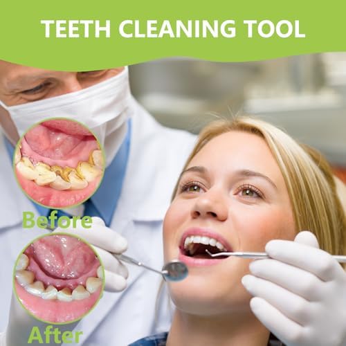 Demonstration of dental probe and plaque remover tools on a white background.