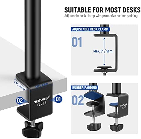 NEEWER extendable camera desk mount holding a DSLR camera for live streaming setup