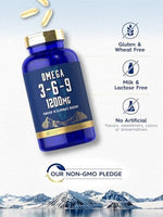 Close up of Carlyle non GMO and gluten free premium triple omega formula instructions.