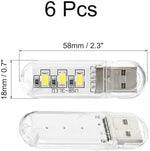 Justcellz mini USB LED night light emitting a soft warm white glow on a bedside table nightstand.