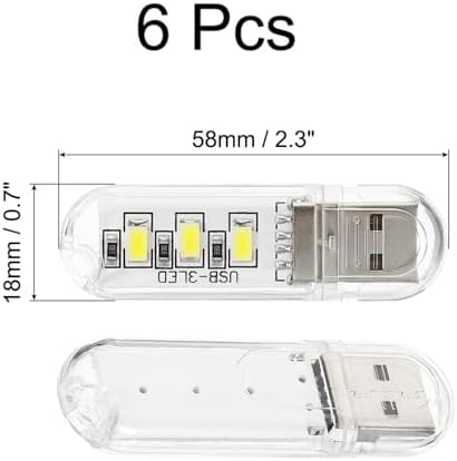 Justcellz mini USB LED night light emitting a soft warm white glow on a bedside table nightstand.