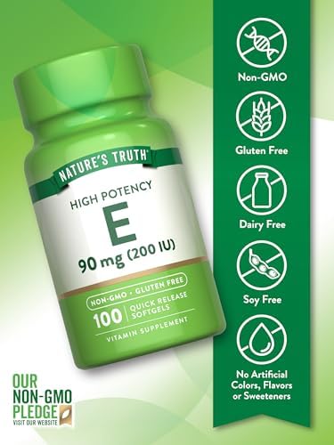 Back label of Nature's Truth Vitamin E capsules showing ingredients and ninety milligram serving information