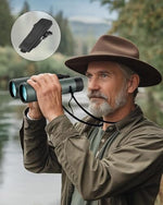 Nexiview outdoor binoculars displayed with the included harness strap and protective carrying case.