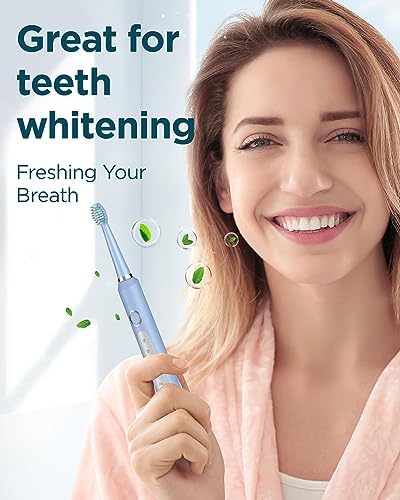 Rtauys adult electric toothbrush handle placed next to its compact light blue travel case for portable dental care.