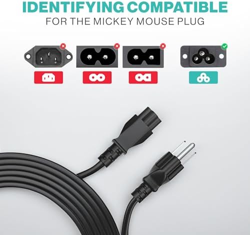 Universal three pin replacement laptop charger cable laid out flat to demonstrate five feet length.