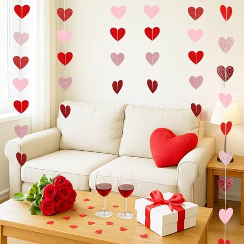 Fifty two feet of Sincey heart hanging decorations arranged neatly to show the four distinct color shades