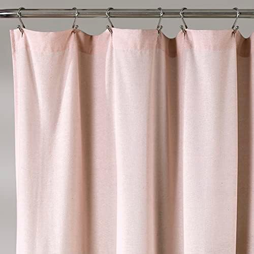 Lush Decor fabric shower curtain in blush pink and off white showing its full drape.