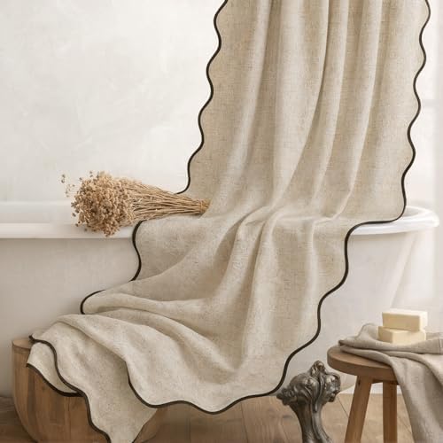 Linen textured boho bathroom curtain with twelve included metal hooks.